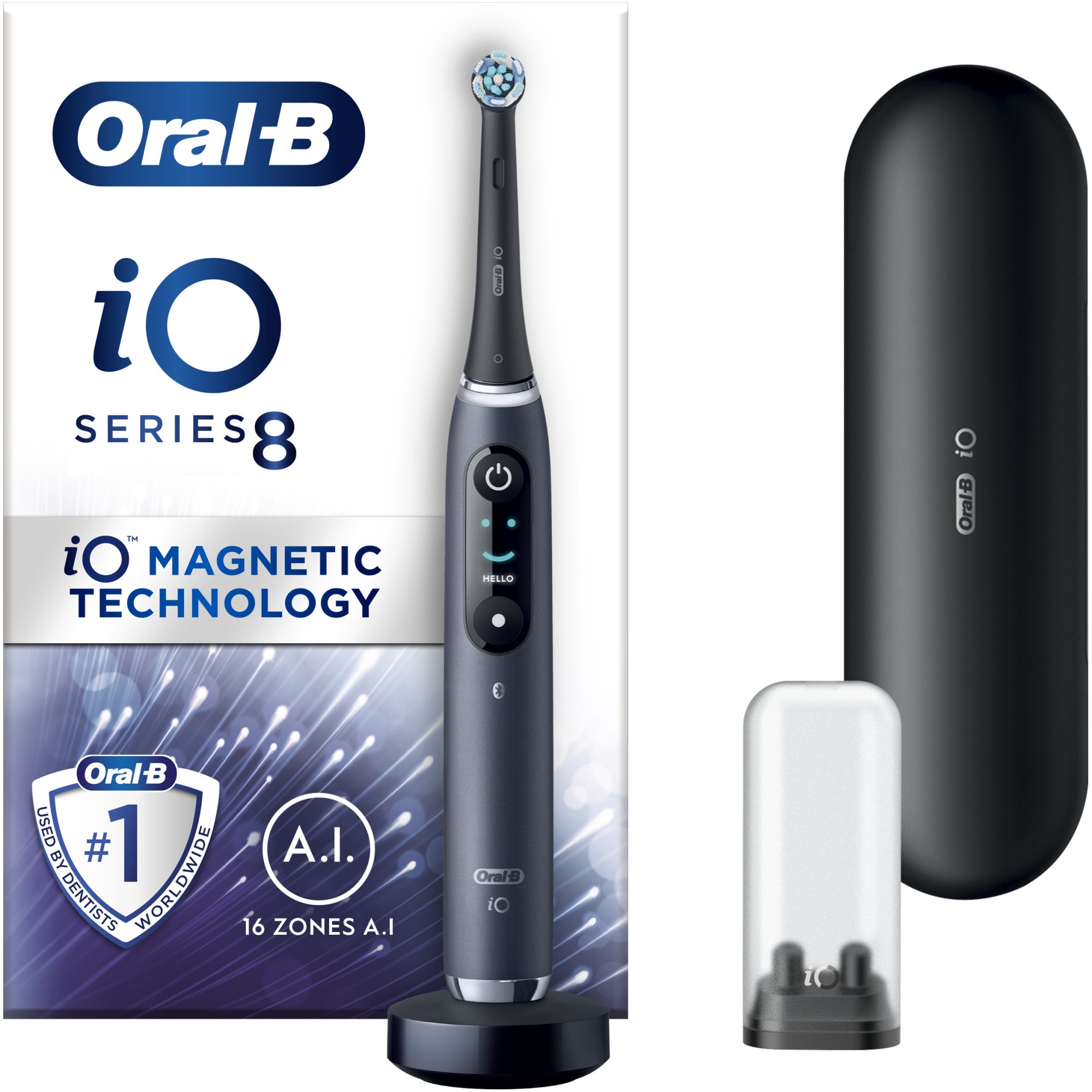 Oral-B iO8 Electric Toothbrush with Magnetic and Micro-Vibration Technology, Artificial Intelligence, Interactive LED Display, Smart Pressure Sensor, Visible Timer, 6 Modes, 1 Head, Refill Holder, Magnetic Charger, Travel Kit, Black