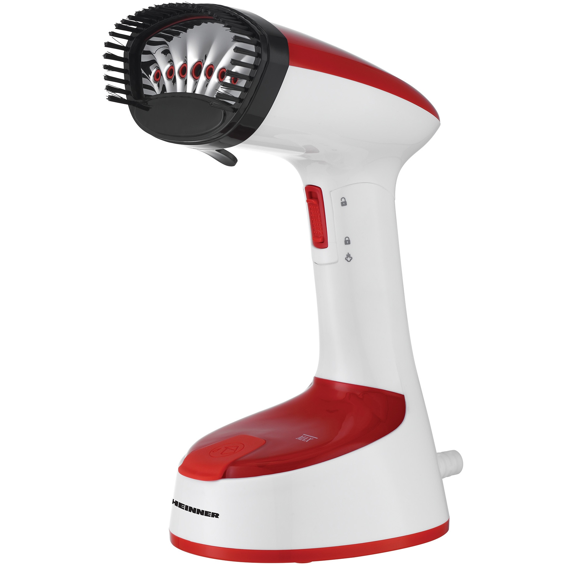 Aparat de calcat vertical Heinner Charon HGS-1400RD, 1240-1470W, talpa din inox, abur continuu cu buton blocare, rezervor apa fix, pliabil pentru depozitare usoara, perie inclusa, debit abur 18+-4g/min, capacitate rezervor apa 120ml, alb/rosu