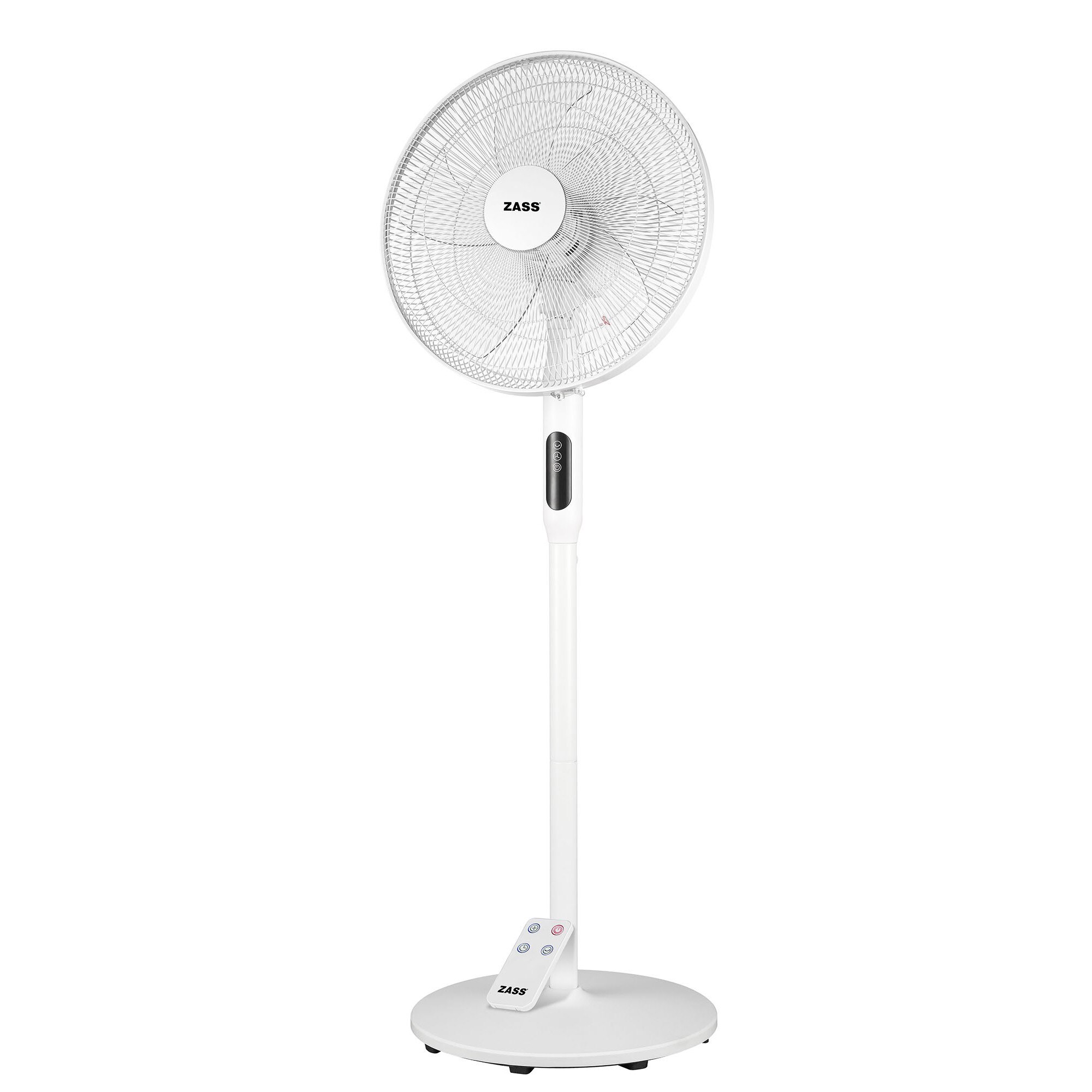 Ventilator cu picior Zass ZFTRA 1608, 55 W, 3 trepte viteza, Oscilatie 90°, Silentios, Temporizator, Panou control soft touch, 3 moduri de ventilare, Inaltime ajustabila, Telecomanda, Alb