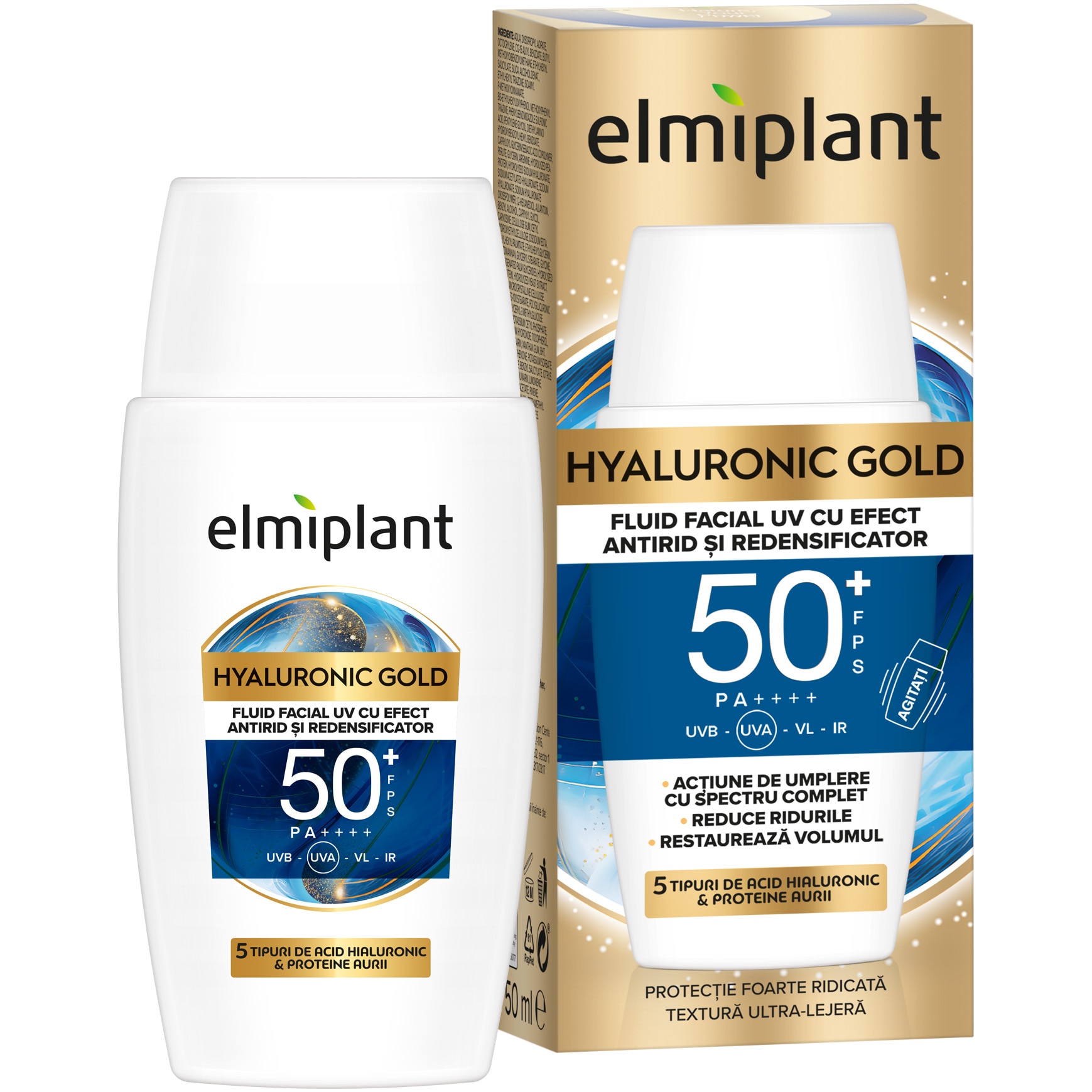 Elmiplant HYALURONIC GOLD UV facial fluid with anti-wrinkle and redensifying effect, with SPF 50+, 50ml