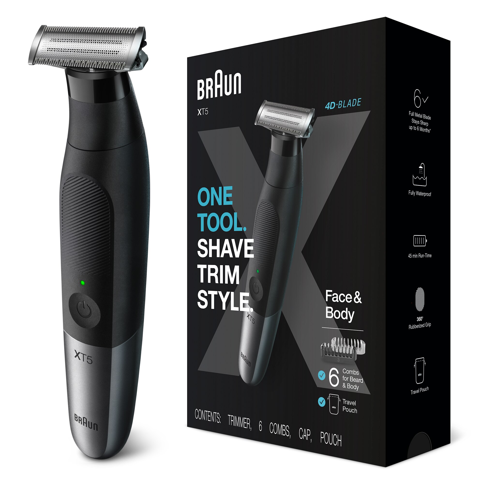 Hybrid shaver and beard trimmer Braun Series X XT5200 Wet&amp;Dry, 4 combs, 2 x body care heads, Travel bag, Black