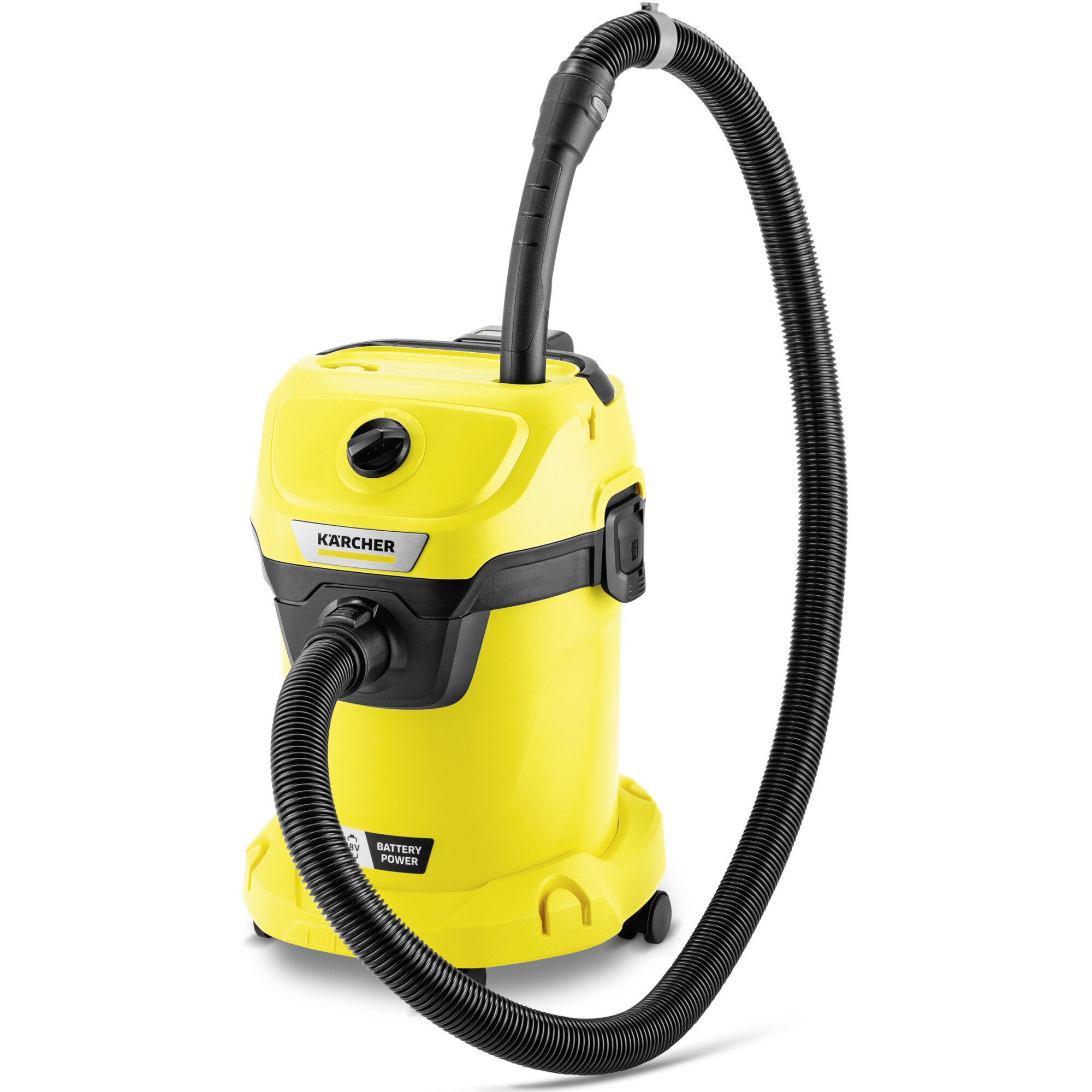 Wet-dry vacuum cleaner Karcher WD 3-18 Battery Set, 1.628-551.0, Wet and dry vacuuming, 18 V battery, 17 L container, 2 m hose, Blowing function, Cartridge filter, includes Karcher 18 V/5.0 Ah battery and battery charger, Yellow/Black
