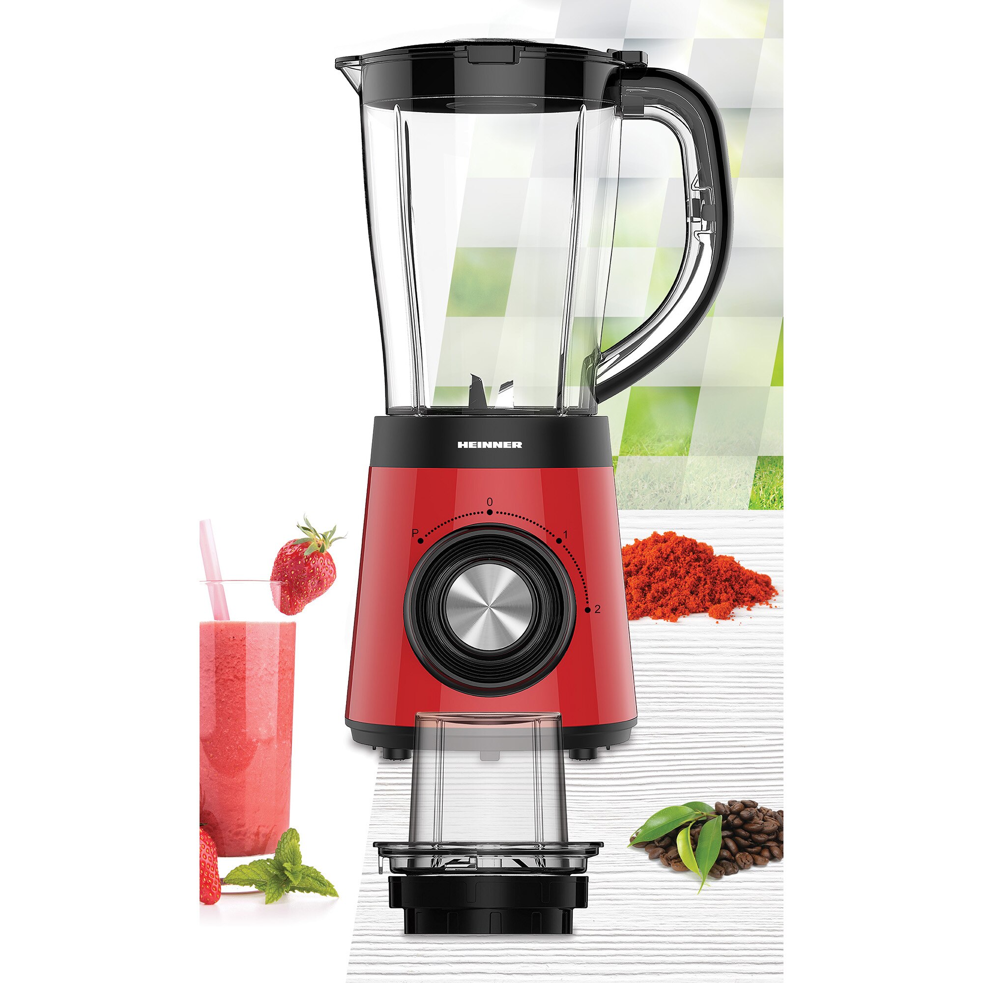 Blender Heinner RedPower HBL-500RRD, 500W, 2 viteze + Pulse, capacitate recipient 1.5l, rasnita inclusa, Rosu
