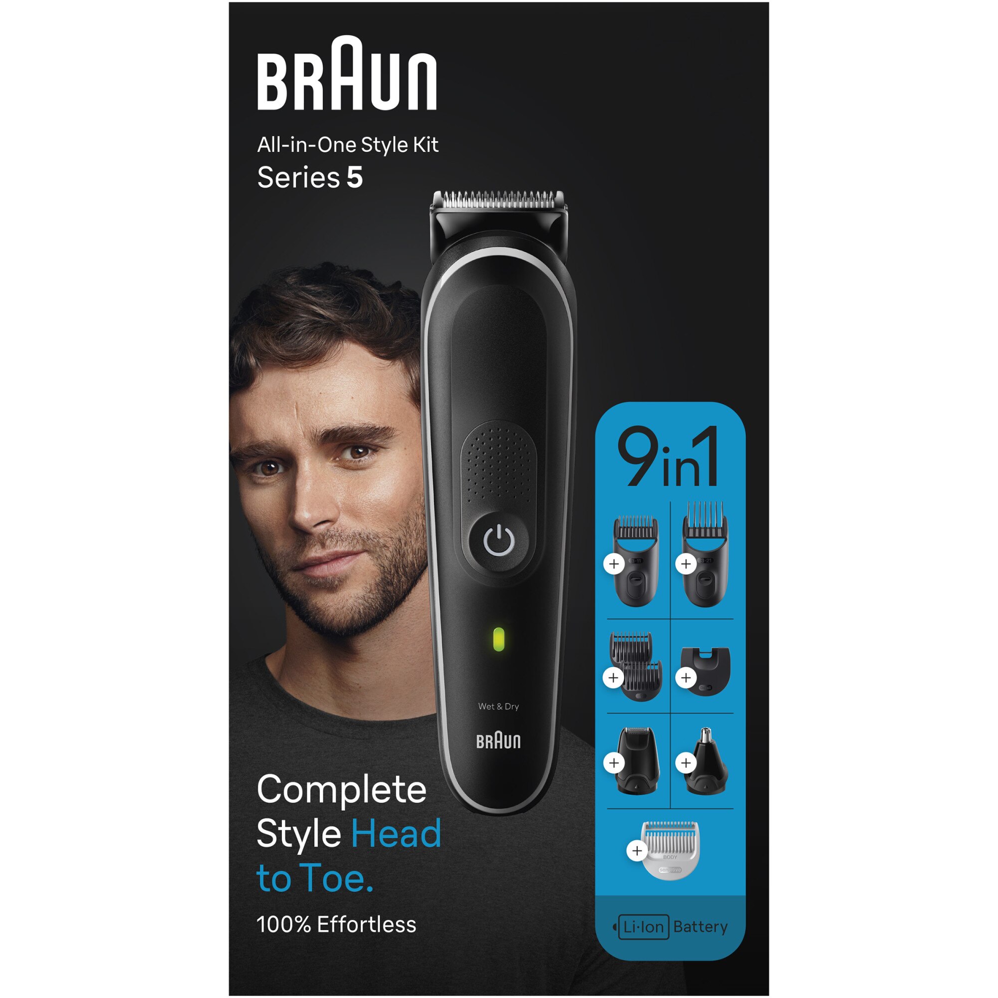 Aparat de tuns multifunctional Braun MGK5420, Wet&Dry, 9-in-1, 2 piepteni ficsi, 4 piepteni, 1 mini aparat de ras, autonomie 100 minute, Saculet de voiaj, Negru/Alb