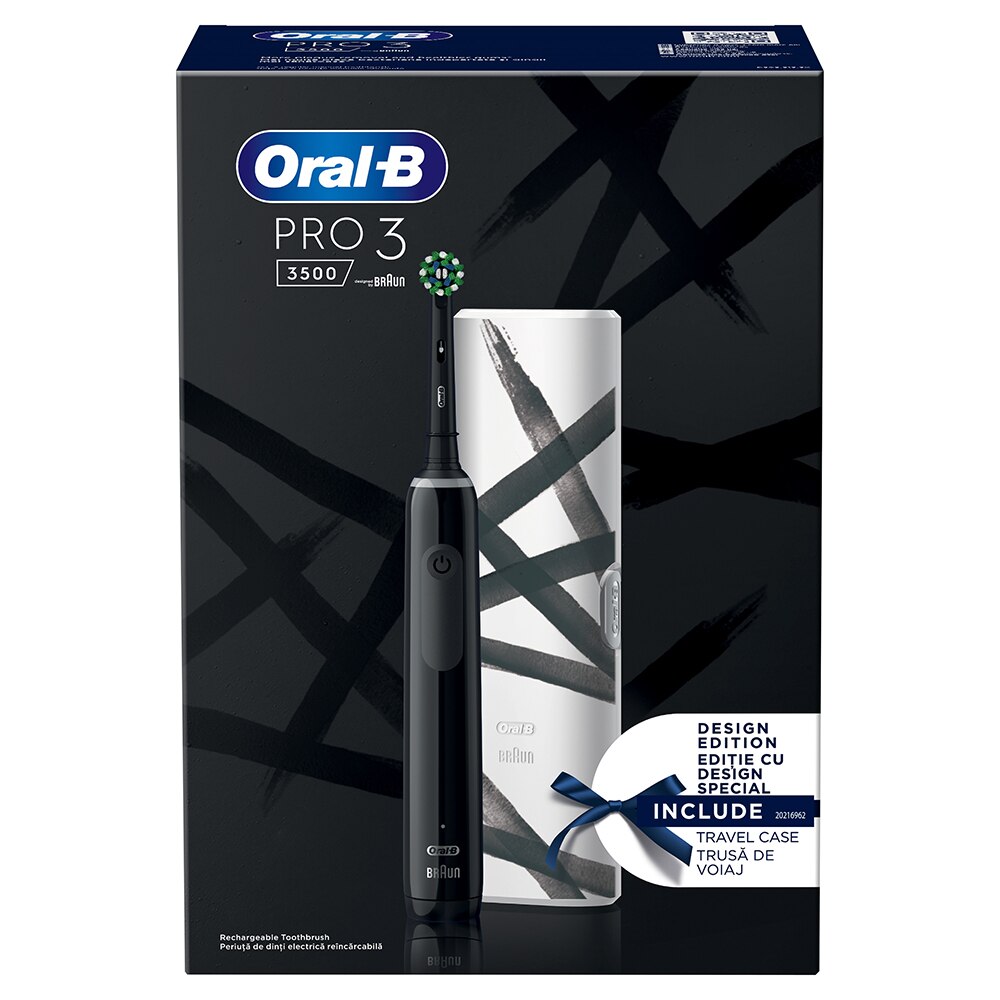 OralB Pro 3 3500 Electric Toothbrush, 3D Cleaning, 3 Programs, 1 Charger, 1 End, Travel Kit, Black