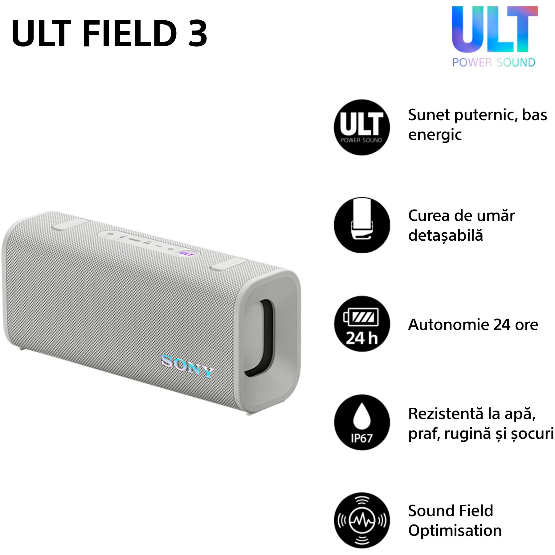 Boxa portabila Sony ULT FIELD 3 SRS-ULT30W, Bluetooth 5.2, ULT Power Sound, Autonomie 24 ore, Rezistenta la apa IP67, Alb