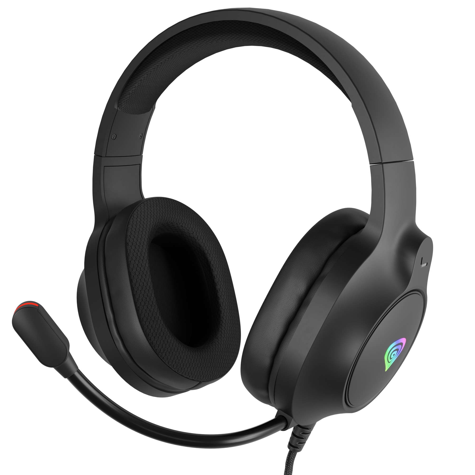 Genesis Neon 213 wired gaming headset, microphone, RGB lighting, 32 Ohm impedance, 20 - 20,000 Hz frequency response, 220cm cable length, 100 - 16,000 Hz microphone frequency response, -42dB sensitivity, 3x 3.5 mm Jack connectivity, USB-A 2.0, black