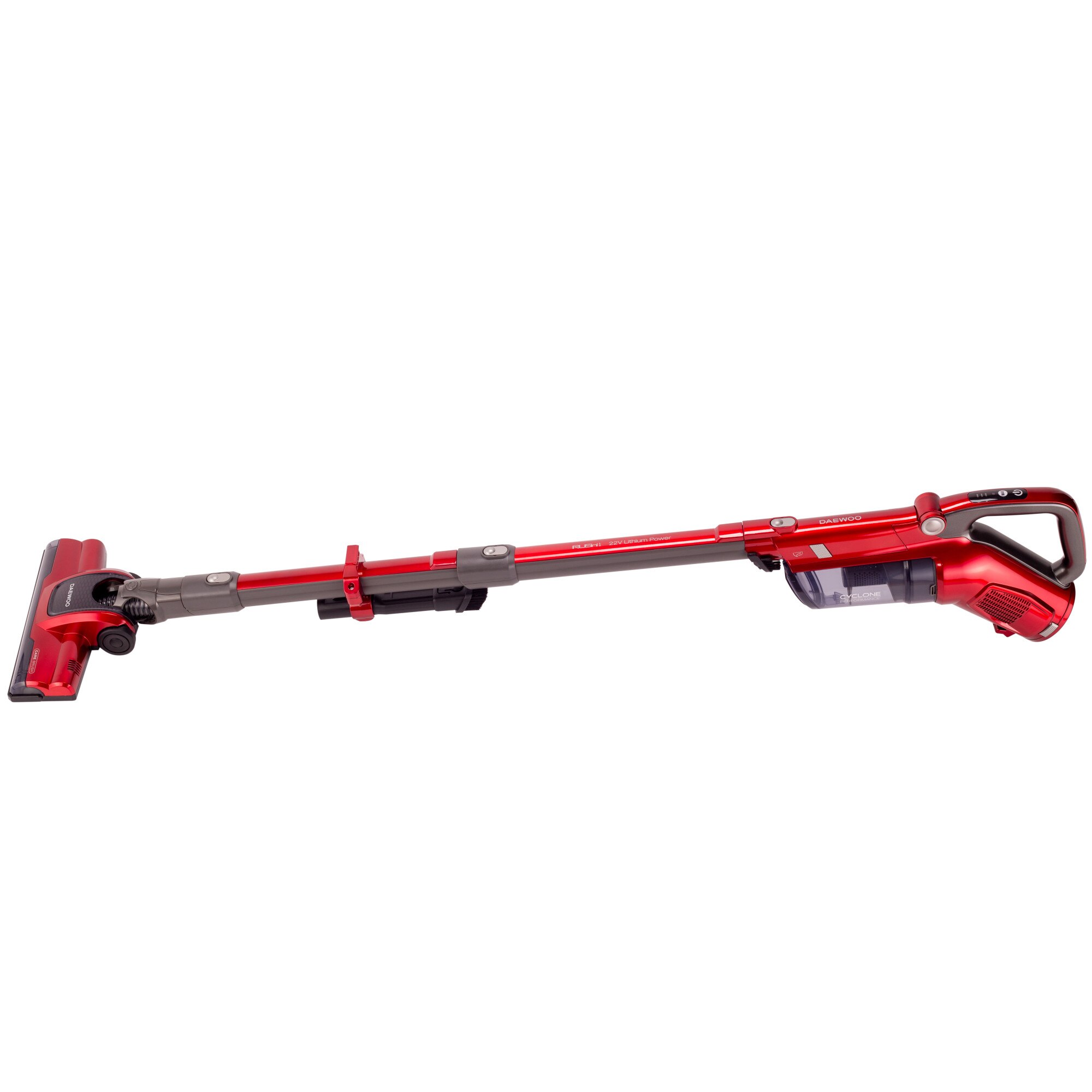 Daewoo 9 in 1 RSH-310GR upright vacuum cleaner, 130 W power, 0.6 liter dust container, HEPA filter, Lithium-Ion 22.2 volts, 30 minute autonomy, 4 hour charging time, removable battery, 2 power levels, red/silver